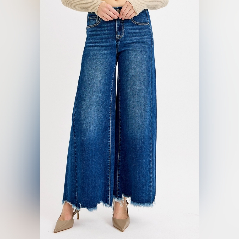 Risen High Rise Ultra Wide Leg Ankle Jeans Raw Frayed Hem Denim Relaxed Fit Pant - Picture 8 of 16